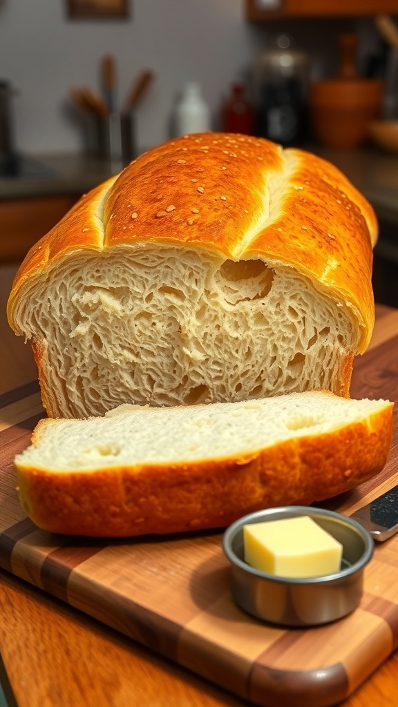 A loaf of homemade bread sliced on a cutting board with butter and a knife.